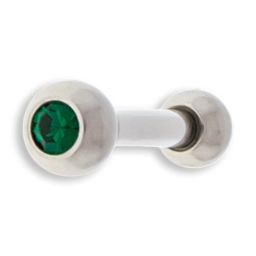 16G EXTERNALLY THREADED BARBELL W/ GEMS -1.2MM (16G)-2.5MMX3MM-EMERALD GREEN-6MM (1/4")