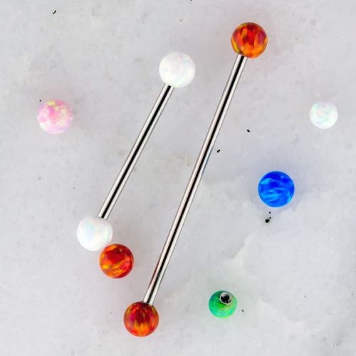 14G Externally Threaded Steel Barbell W/ Opal Balls