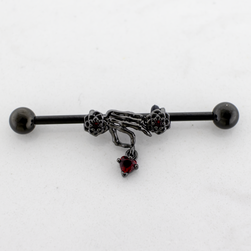 14G Industrial Barbell - Skeleton Hand Heart