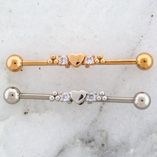 BEADED TRIANGLE HEART AND GEM INDUSTRIAL BARBELL