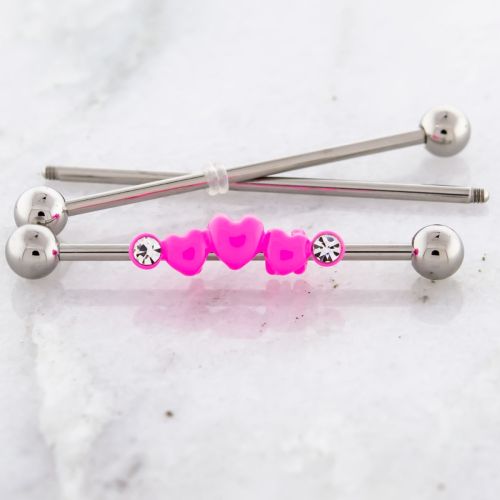 14G  INDUSTRIAL BARBELL WITH ADJUSTABLE PINK HEARTS WITH CLEAR GEMS.-HIGH POLISH