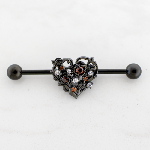 14G Industrial Barbell - Black Gem Heart