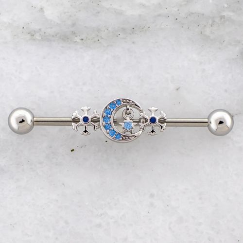 14G Industrial Bar Gemmed Moon w/ Snowflakes