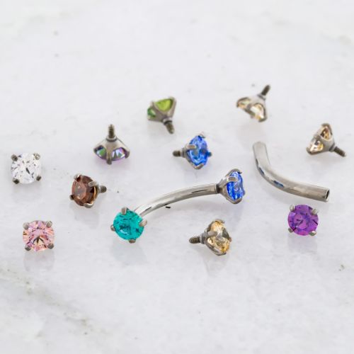 16G INTERNALLY THREADED STEEL CURVE W/ PRONG SET PREMIUM ZIRCONIA ROUND GEM ENDS