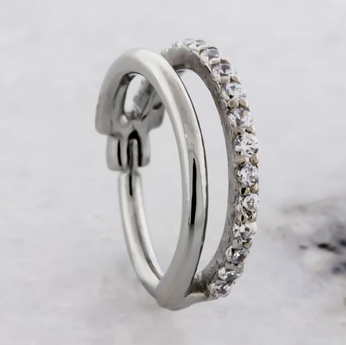 Steel Double Hinged Ring With Single Row Clear Gems