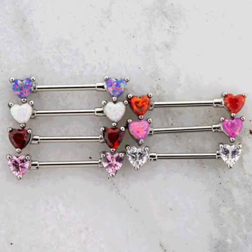 Gem Or Opal Heart Nipple Barbells