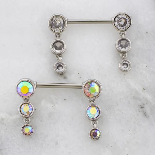 14G Nipple Barbell w/ Triple Gem Dangle Ends