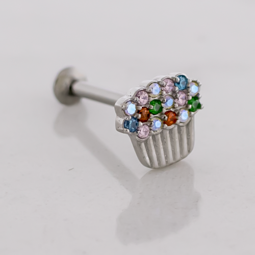 18g/16g Steel Internally Threaded Labret w/ Gem Cupcake End