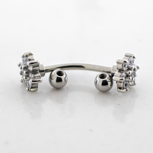 16G Steel Externally Threaded Curved Barbell With Gem Flower Ends