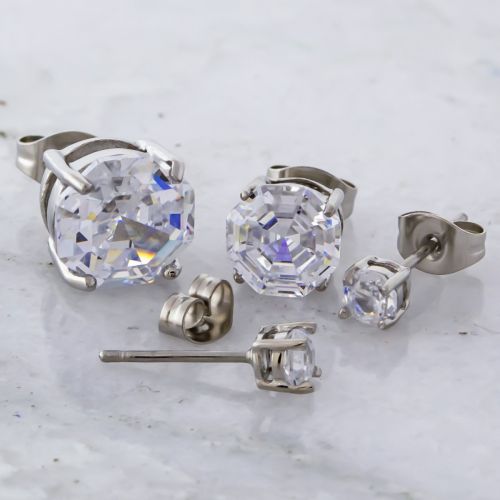 Steel Clear Octagon Gem Earring Studs