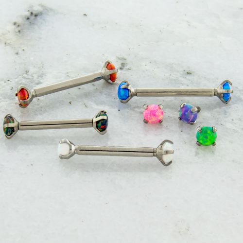 14G STEEL BARBELL W/ OPAL PRONG SET