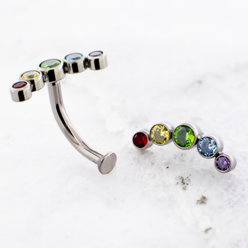 Titanium Threadless Floating Navel w/ Rainbow Gem Crescent Cluster