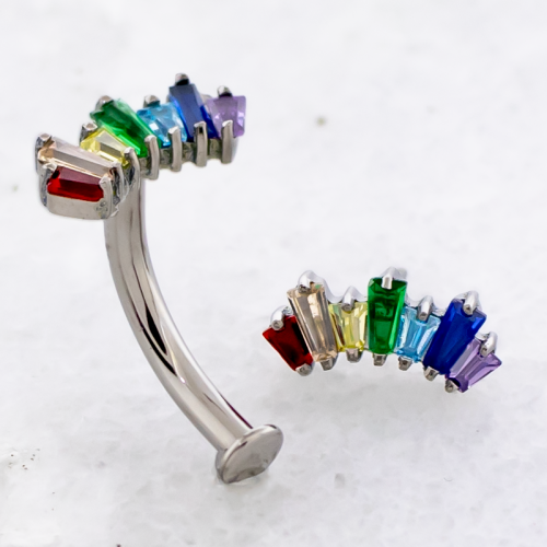 Titanium Threadless Floating Navel w/ Rainbow Alternating Baguette Gem Crescent Cluster