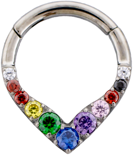 V shaped Titanium hinged segment ring with rainbow gems-1.2MM (16G)-8MM (5/16")-RAINBOW