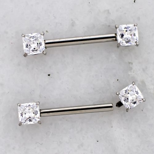 14G Titanium Internally Threaded CZ Square Nipple Barbell