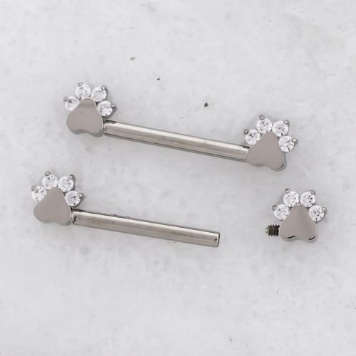 14G Titanium Internally Threaded CZ Paw Print Nipple Barbell