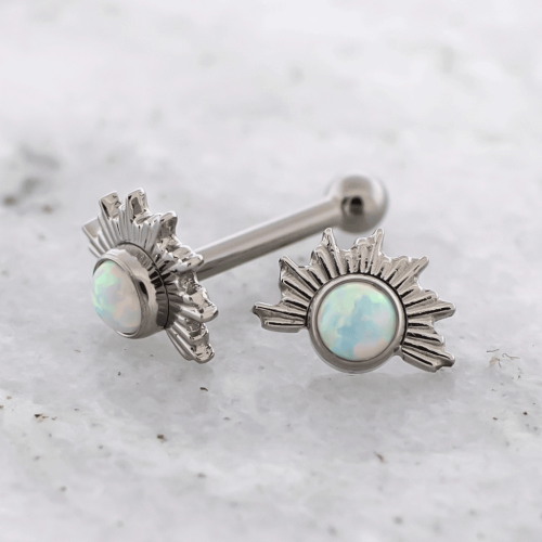 18G Internally Threaded Titanium Straight Barbell w/ Fixed Ball & Opal Sun Ray End