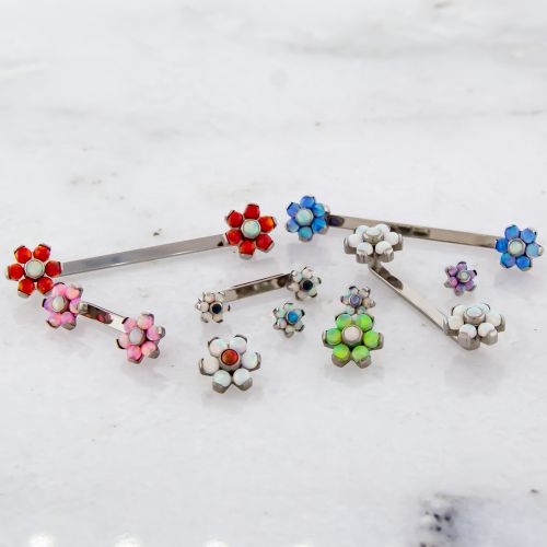 14G Titanium Flat Surface Barbell W/ Opal Flowers