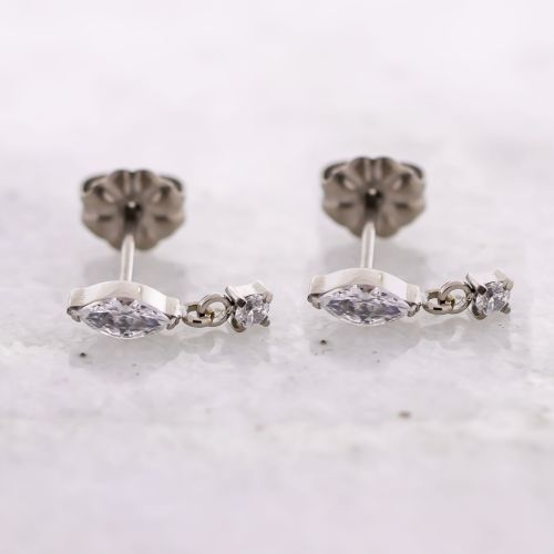 Titanium Threadless Earring Studs w/ Marquise Cut Gem w/ Princess Cut Gem Dangle