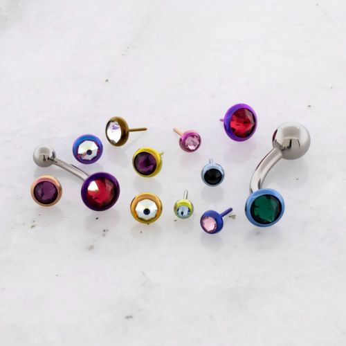 Titanium Threadless Curved Barbell w/ Gem Disc w/ Bezel Set Premium Crystals