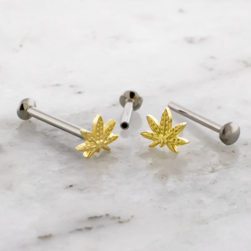 Titanium Threadless Helix Labret w/ 18KT Gold Pot Leaf End