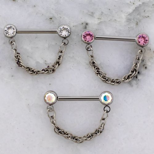 14G Titanium Threadless Nipple Barbell w/ Front Facing Gem Ball w/ Roped Chain