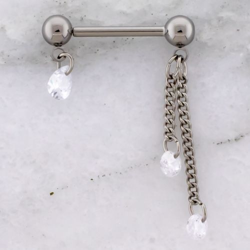 14G Titanium Threadless Nipple Barbell w/ Teardrop Gem Dangle and Gemmed Chain