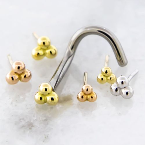 Titanium Threadless Nose Screw With 18K Gold Triple Bead End