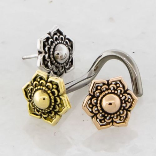 Titanium Threadless Nose Screw With 18K Gold Mandala Flower End