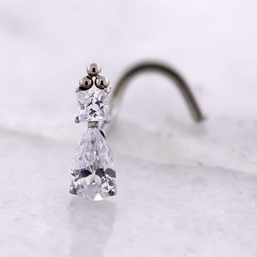 Titanium Threadless Nose Screw w/ Pear Cut with Round Princess Cut Gem End