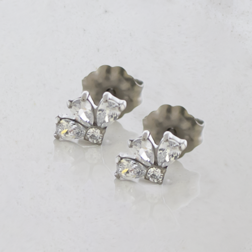 Titanium Threadless Earring Studs w/ Triple Pear Round Gems