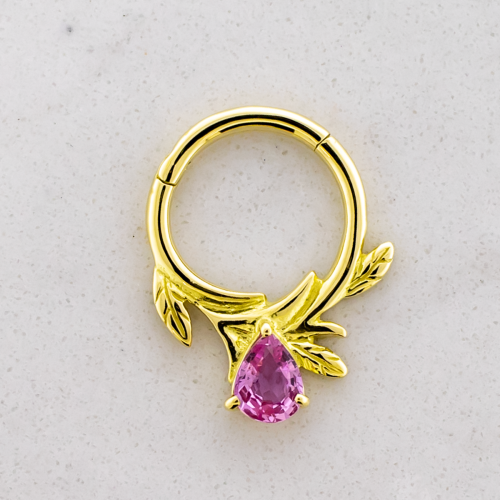 18kt Hinged Ring With Floral Accents And Pear Cut Pink Sapphire 