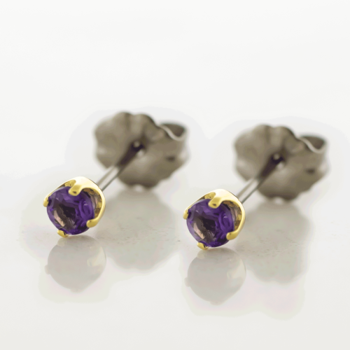 Titanium Earring Studs With 18kt Gold Dark Amethyst Ends