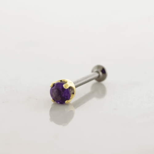 16g/18g Titanium Threadless Labret w/ 18kt Prong Set Round Dark Amethyst